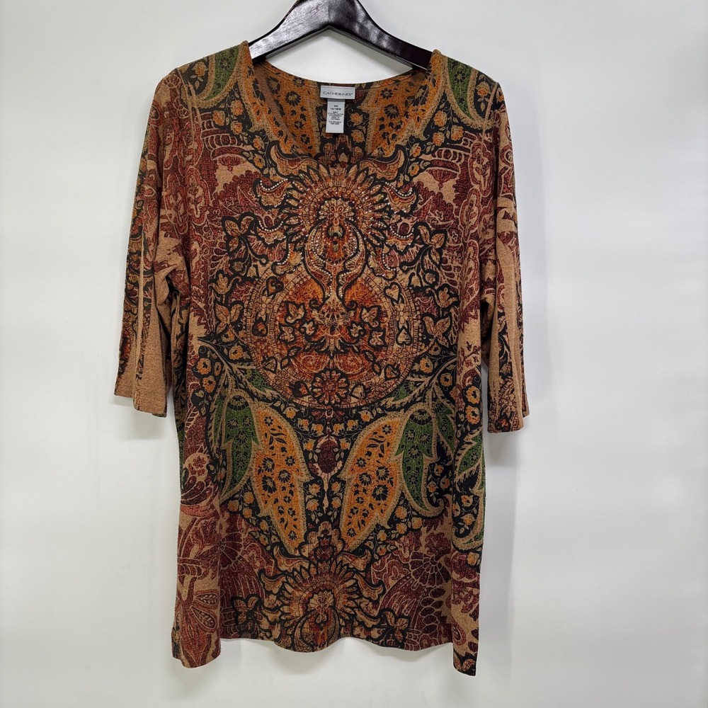 Catherines Womens 0X Paisley Medallion Rhinestone 3/4 Sleeve Tunic Top Boho